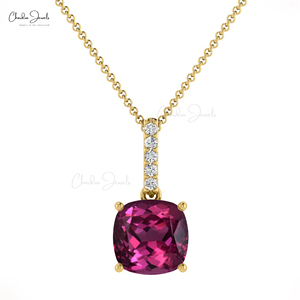 Modern Design 6mm Cushion Cut Rhodolite Garnet & 1mm Pave Diamond Dangling <b>Pendant</b> in 14K <b>Solid</b> <b>Gold</b> Hallmarked <b>Pendant</b> Jewelry - Product Image 3