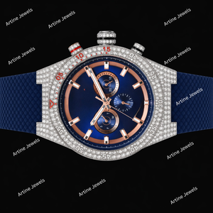Montre chronographe bleu or rose avec lunette en cristal, montre de luxe sportive et élégante, cadeau idéal pour homme - Product Image 3