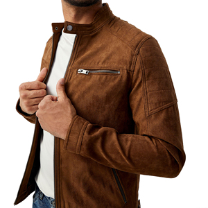<b>Men's</b> Brown <b>Suede</b> Moto <b>Jacket</b> Stand Collar Zipper Closure Slim Fit Autumn Wear Wholesale Custom OEM - Product Image 2