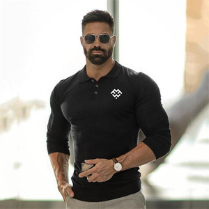 Polo en tricot à manches longues pour homme, couleur unie, coupe décontractée avec logo sur le devant - Product Image 3