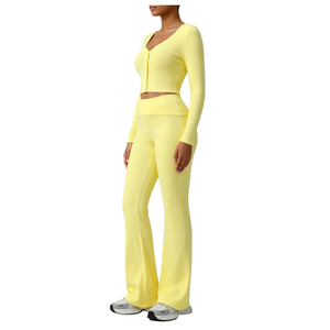 <b>High</b> Quality Active Wear Long Sleeve Top with Yoga <b>Flare</b> <b>Leggings</b> Breathable Two Piece Gym Yoga Set for Women - Product Image 2
