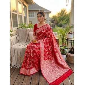 <b>Red</b> <b>Silk</b> Banarasi Saree with Floral Print for Women Traditional Wedding Party Wear Saree with Blouse Buy Direct From Supplier - Product Image 1