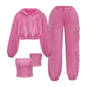 Sudaderas con capucha recortadas con cremallera de lana de algodón lavado, conjunto de chándales con paneles de mangas holgadas de gran tamaño para mujer - Product Image 3