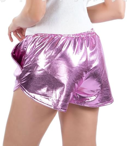 Shorts Deportivos de Cintura Alta con Cordón Ajustable en Color Rosa Metálico para Mujer - Product Image 2