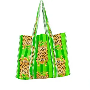 Green <b>Tiger</b> <b>Print</b> Cotton Quilted Tote Bag Fashion Open <b>Top</b> Shopping Bag All Seasons Style - Product Image 2