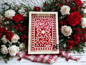Red Bone Inlay Tray – Floral Serving Tray, Handmade Decorative Catchall, Luxury Home Decor - Product Image 2
