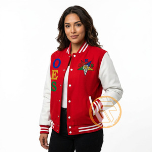 Veste universitaire OES brodée matelassée respirante en satin rouge et blanc à manches longues et col montant pour femme, style automne - Product Image 1