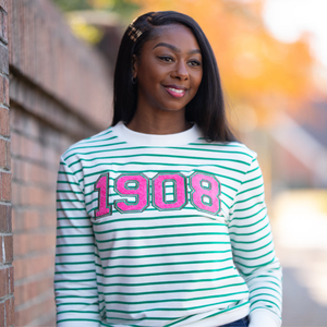 Custom White Green Striped Womens Embroidered <b>Sweatshirt</b> with <b>Pink</b> 1908 Letter Design Crew Neck Long Sleeve Casual Fashion Top - Product Image 2