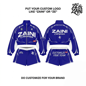 ชุดเซ็ตเสื้อแจ็คเก็ตกันลมผู้หญิง พรีเมียม 210 GSM โพลีเอสเตอร์ สีน้ำเงิน-ขาว ดีไซน์แผงสี  รับทำโลโก้ตามสั่ง OEM ODM - Product Image 1