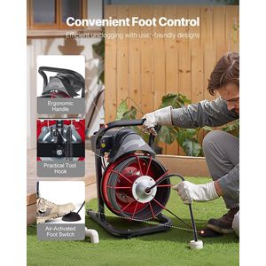 Sonda per la pulizia di scarichi con alimentazione manuale da 75 FT x 1/2 pollice, con 4 frese, attivazione ad aria, interruttore a pedale da 2-6 pollici, macchina per la pulizia di scarichi - Product Image 6