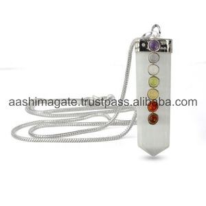 Sélénite fait à la main bâton plat 7 perles Chakra pendentif Agate pierre précieuse Sier chaîne en métal poli Figurine Feng Shui semi-précieux - Product Image 1