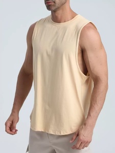 Camiseta sin mangas de punto para hombre, color sólido, cuello redondo, estilo casual, color canela con ribete oscuro - Product Image 3
