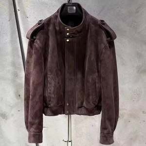 Chaqueta Bomber de Ante Marrón con Cuello Alto, Manga Larga, Botones y Epaulettes, Estilo Otoñal para Mujer - Product Image 2