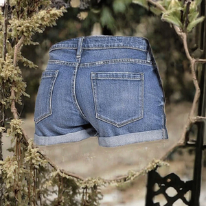 Shorts en jean taille haute pour femme, coupe droite, ajustement régulier, en coton délavé, couleur unie, style décontracté d'été - Product Image 5