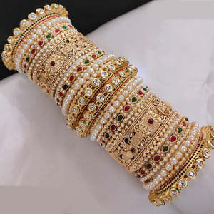 Conjunto de brazaletes abiertos 10573845 con piedra Pota chapada en oro y conjunto de joyería fina de perlas - Product Image 1