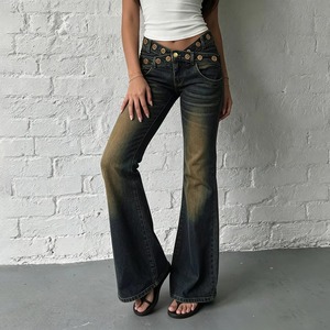 Streetwear Breathable Dark Washed Distressed Rivet V Waistband Metal Eyelets Denim <b>Jeans</b> Casual Women's - Product Image 2