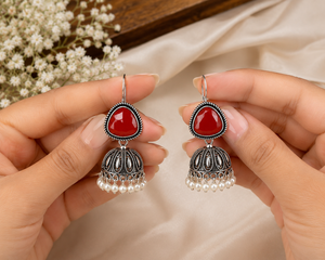 Boucles d'oreilles en argent oxydé avec pierre précieuse orange, boucles d'oreilles indiennes Jhumka pour femmes - Product Image 3