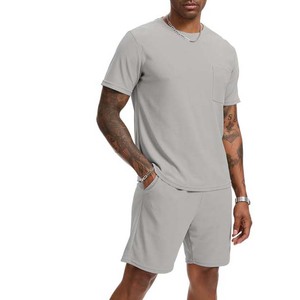 Conjunto de Camiseta y Pantalones Cortos de Algodón Gris Sólido Casual de Verano para Hombre, Cuello Redondo, Tejido Transpirable y Ligero - Product Image 5