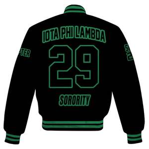 Veste universitaire personnalisée pour femmes Iota Phi Lambda, noire avec contour vert, lettres, blason, numéro et année, style bomber - Product Image 6