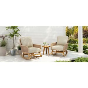 Set di posti a sedere all'aperto moderno 3 pezzi Beige PE Rattan con tavolo in legno e sedie a dondolo per Patio balcone relax - Product Image 2