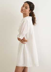 Robe courte en coton blanc pour femmes, boutonnée sur le devant, col à volants, manches bouffantes, robe d'été décontractée, mini-robe - Product Image 3