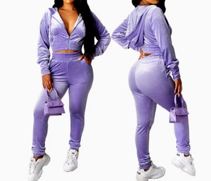 Women <b>Plus</b> <b>Size</b> Purple Velour Tracksuit <b>Set</b> Hooded Crop Top Full Length <b>Joggers</b> Solid Color Casual Wear Full Sleeve Side Pockets - Product Image 5