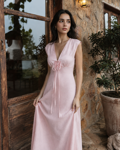 Robe longue rose personnalisée en coton et lin, sans manches, col en V, à nouer devant, pour femme, élégante, style bohème, évasée, pour l'été et la plage, vente en gros B2B - Product Image 4