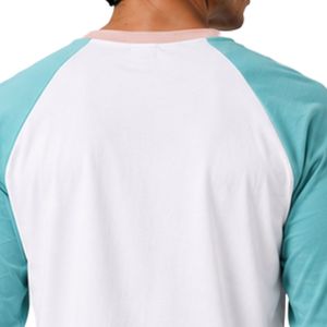 Camiseta de manga larga raglán blanca y azul aguamarina para hombre, de algodón premium, cuello redondo, informal, estilo béisbol, ropa personalizada OEM. - Product Image 5