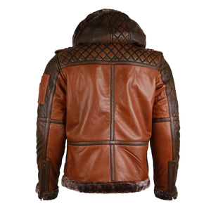 <b>Men's</b> Winter Genuine Leather Jacket With Faux Fur Lining Hooded Moto Biker Style Windproof Thick Regular Length - Product Image 2