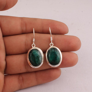 925 Sterling <b>Silver</b> Engagement Emerald Quartz Vintage Dangle Drop <b>Earrings</b> Faceted Oval Gemstone Bezel Set Jewelry Wholesale - Product Image 1