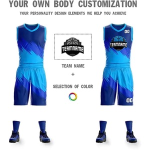 Ensemble d'uniformes de basketball personnalisés imprimés par transfert thermique, respirant, bleu, col en V, sans manches, maillot et short, nom et numéro de l'équipe sur le devant, séchage rapide - Product Image 4