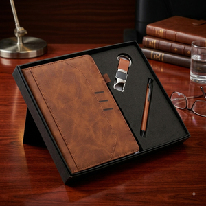 Aurelux Luxury Brown Velvet Cover Case Bound <b>Notebook</b> Corporate Gift <b>Set</b> 192 Pages Premium Metal Keychain Professional Writing - Product Image 3