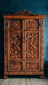 Luxury Handcrafted Solid Wood 2 Door <b>Wardrobe</b> Ornate Botanical Carving Antique Honey Oak Armoire - Product Image 5