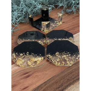 Luxurious Hexagon Handmade <b>Epoxy</b> <b>Resin</b> Coasters Set With Gold Flakes Modern Black & White Marble Look Drink Mats For Home Decor - Product Image 5