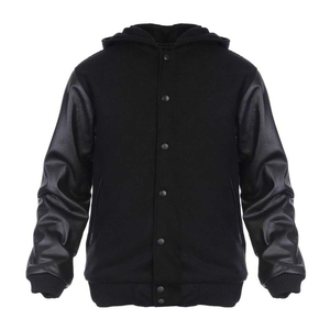 Chaqueta Varsity Negra para Hombre con Mangas de Cuero PU con Capucha, Cierre de Botones, Estilo Casual para Otoño, Corte Regular - Product Image 2