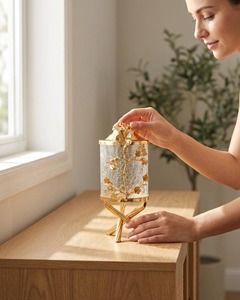 Gold Floral Design Glass Jar with Metal Stand for Snacks <b>Chocolate</b> Serving During Festive Occasions Like Diwali Eid And Parties - Product Image 5