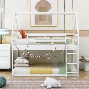 Cama litera baja blanca de dos plazas con escalera para niños - Product Image 2