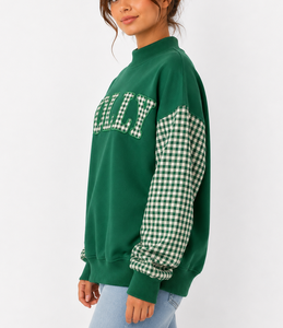 Sudadera personalizada para mujer con cuello simulado, mangas con patchwork de guinga, letras bordadas y apliques, estilo holgado, fabricante - Product Image 4