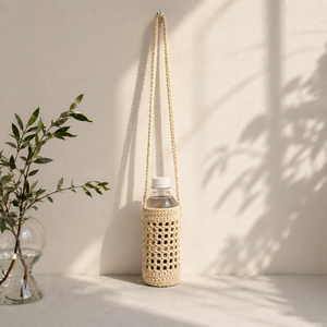 Crochet Water Bottle <b>Holder</b> Solid Color Open Closure Long Strap Vintage Minimalist Style <b>Travel</b> All Seasons Daily Use - Product Image 4