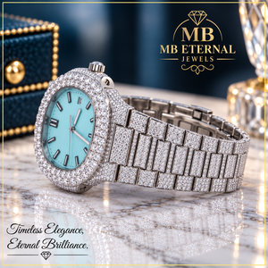 Montre à quartz pour femme MB ETERNAL JEWELS, incrustée de diamants, cadran rond de 32 mm, bracelet en acier inoxydable, cadran analogique, verre saphir, fermeture à déployement - Product Image 1