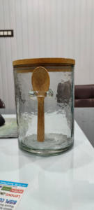 Pot en verre vintage polyvalent et écologique avec couvercle en bois amovible et cuillère, capacité de 401 à 500 ml, pour le stockage des aliments de fête, l'artisanat - Product Image 2