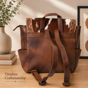 Handcrafted Hair On Cowhide Leather <b>Backpack</b> Western <b>Tooled</b> Laptop Travel Bag Vintage School Daypack Adjustable for Everyday use - Product Image 2
