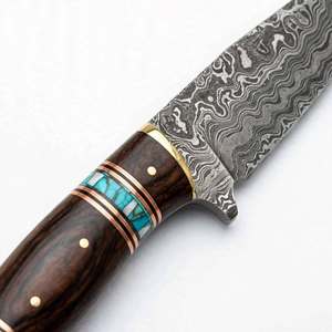 Couteau utilitaire artisanal en acier Damas avec incrustation turquoise et manche en bois foncé – Outil spécialisé - Product Image 3