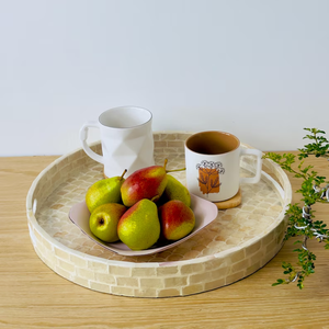 Bandeja decorativa redonda para desayuno MOP, bandeja con incrustaciones de MOP y concha de capiz blanca, bandeja otomana de nácar. - Product Image 4