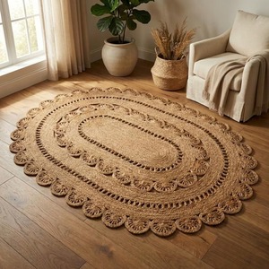 Oval Braided Jute Area <b>Rug</b> Medallion Pattern Handcrafted Bohemian Style <b>Flat</b> Pile Living Room Floor Mat - Product Image 4