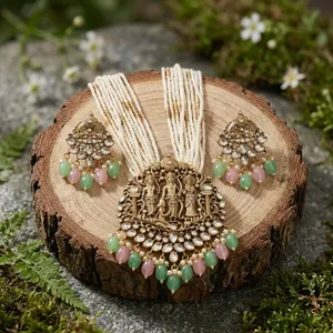 Conjunto de collar Ram Darbar chapado en oro, joyería de templo con cuentas rosas y verdes, cadena de perlas, tradicional indio para bodas nupciales - Product Image 4