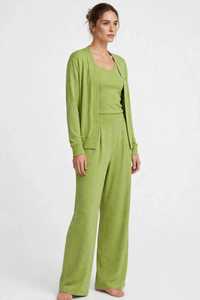 <b>Women</b> 3 Piece Lounge Set Green Solid Long Sleeve <b>Cardigan</b> Tank Top Wide Leg Pants - Product Image 4