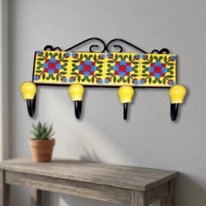 Vintage Floral Tile Wall <b>Coat</b> <b>Hook</b> With 4 Yellow <b>Hooks</b> Metal Handmade <b>Decorative</b> Rack For Clothing Storage - Product Image 3
