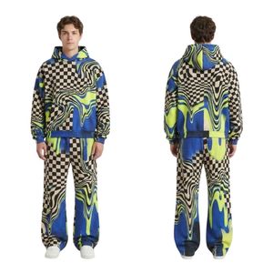 Ensembles de survêtements décontractés deux pièces en coton bouclette épais avec motif flamme et épaules tombantes, coupe graphique à carreaux - Product Image 3