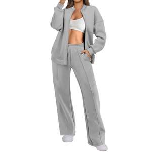 Wholesale Factory Direct Women's Casual 2 Piece Outfits Oversized Fleece Sweatsuit <b>Zip</b> Long Sleeve Sweatshirt Wide Leg - Product Image 4
